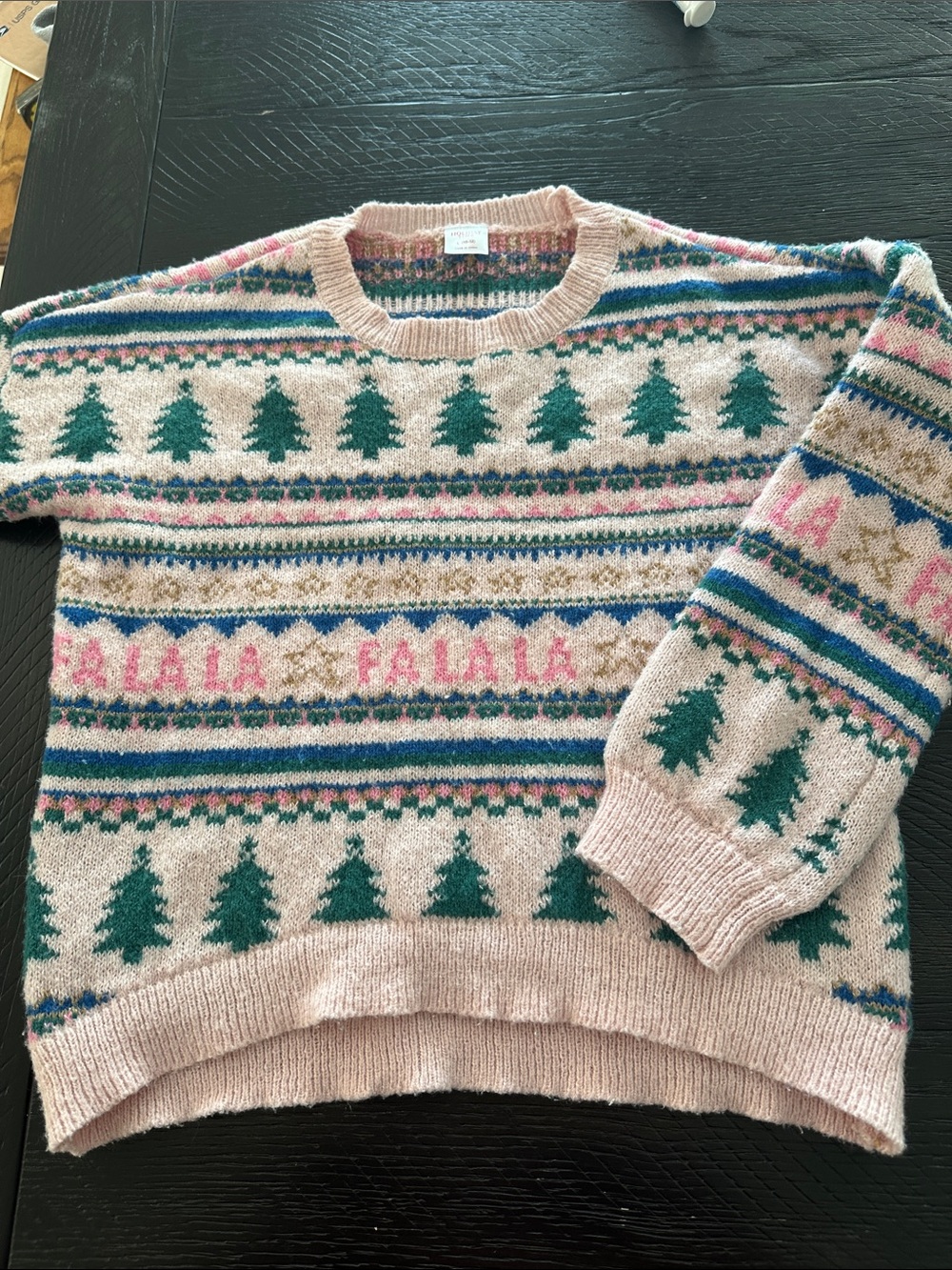 Holiday Time Pink Knit Sweater with Green Tree & Blue Accent